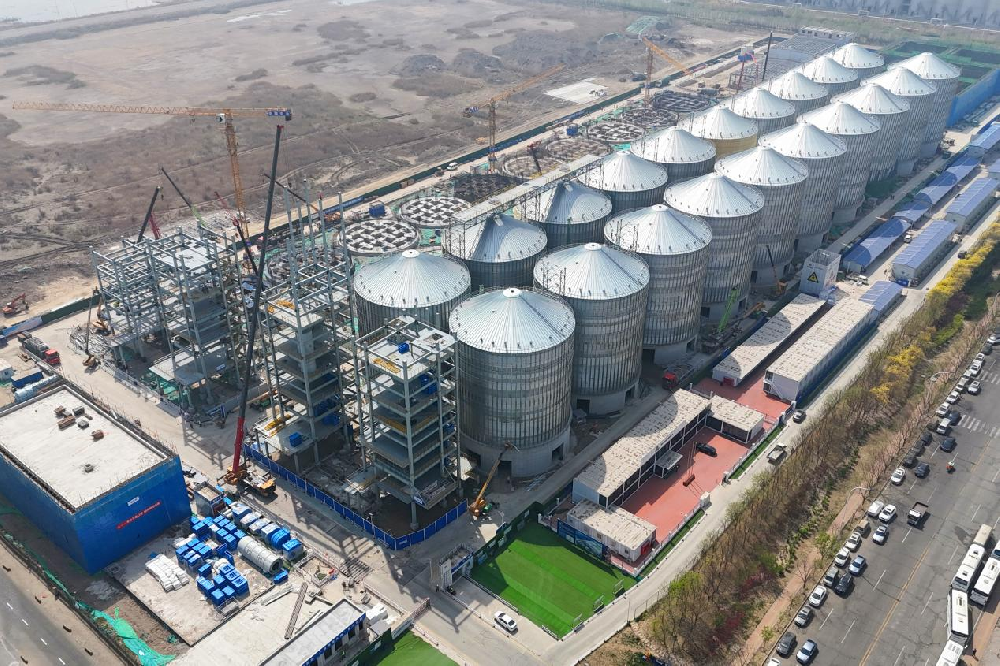 中冶天工临港现代粮食物流产业园区粮食仓储物流集散中心项目20座钢筒仓主体完工