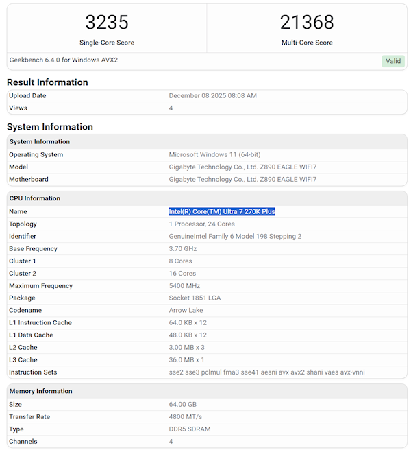 酷睿Ultra 7 270K Plus性能仅提升5％：基准频率反而更低